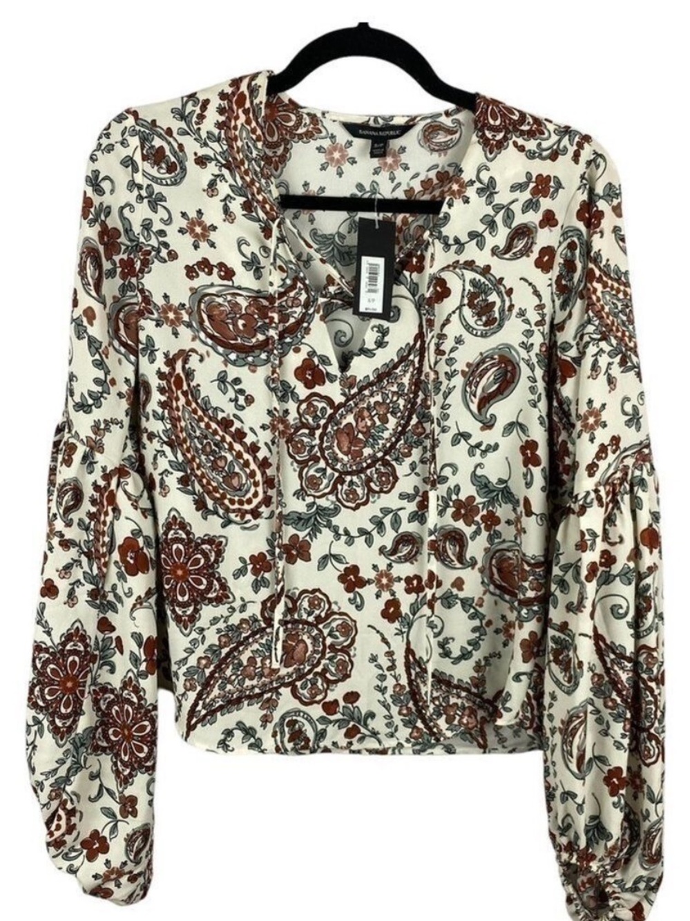 BANANA Republic Boho Paisley Balloon Long Sleeve Lace Up Top Small NWT